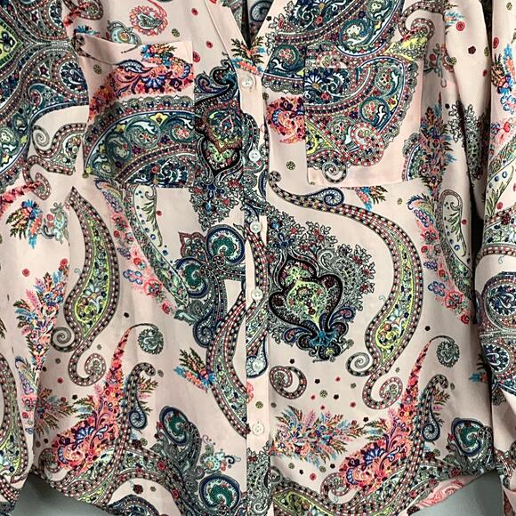 Express Womens Portofino Shirt Top Paisley Print Pink Button Up Down Floral sz S - Picture 8 of 10
